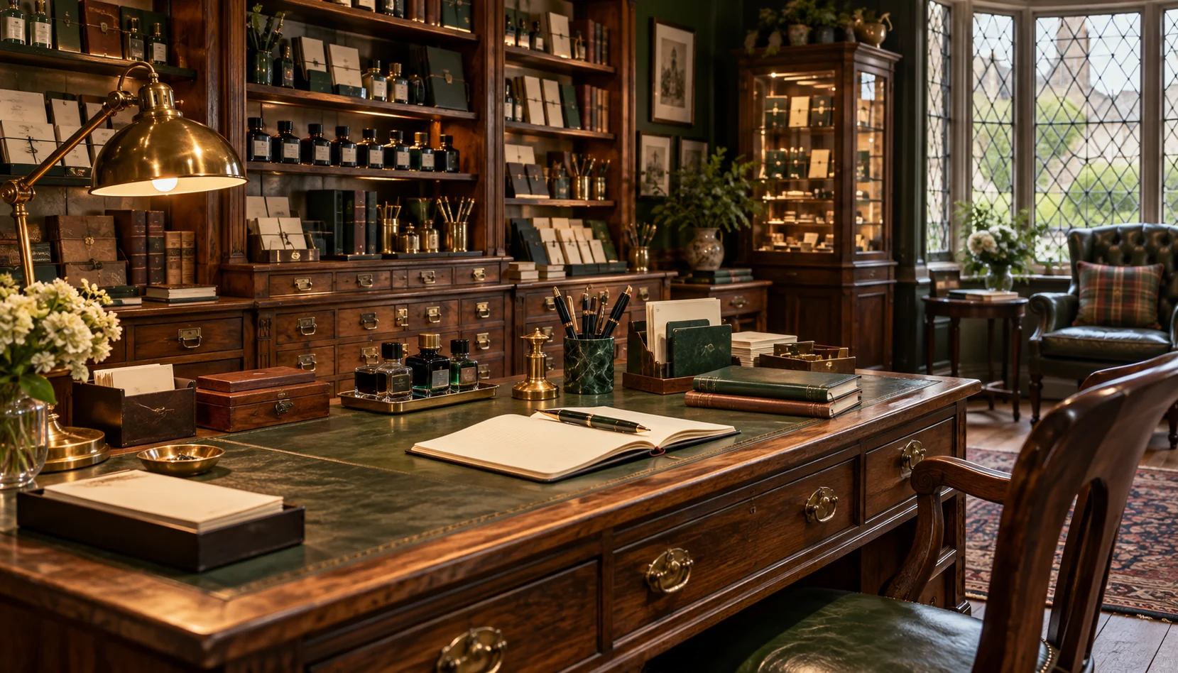 Papelería de inspiración inglesa con escritorio de madera, cajoneras y luz cálida
