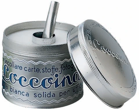 Pasta adhesiva vintage Coccoina con pincel de 125 g — detalle del envase abierto y el pincel